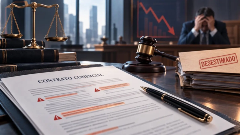 Contrato comercial con cláusulas de riesgo junto a una balanza y un mazo judicial