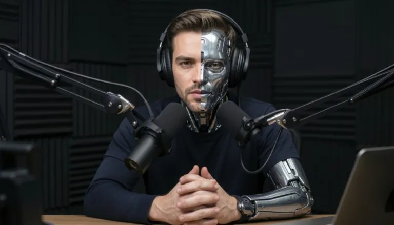 Persona ante micrófonos con rostro mitad humano y mitad robot, símbolo de la transparencia en inteligencia artificial